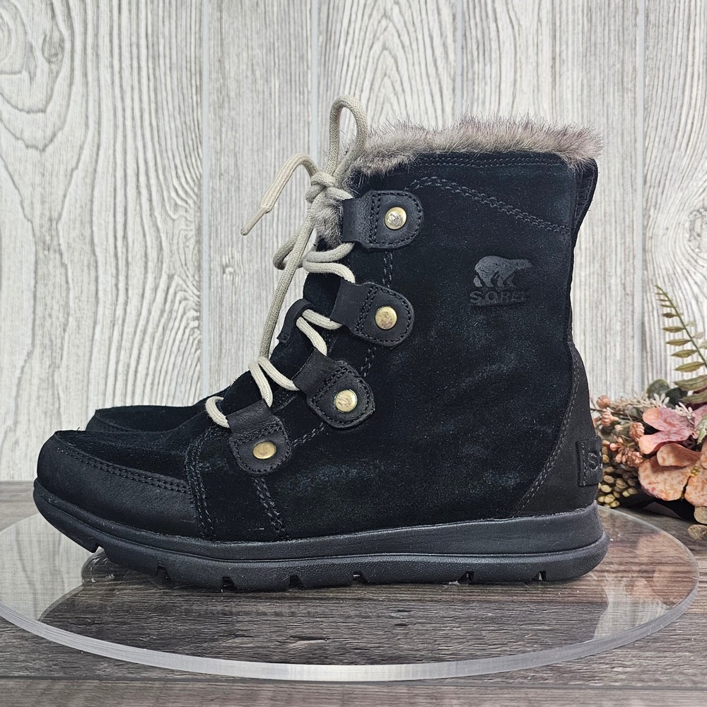 Sorel Explorer Joan Women's 8 Waterproof Black Suede Faux Fur‎ Winter Boots - Picture 2 of 7